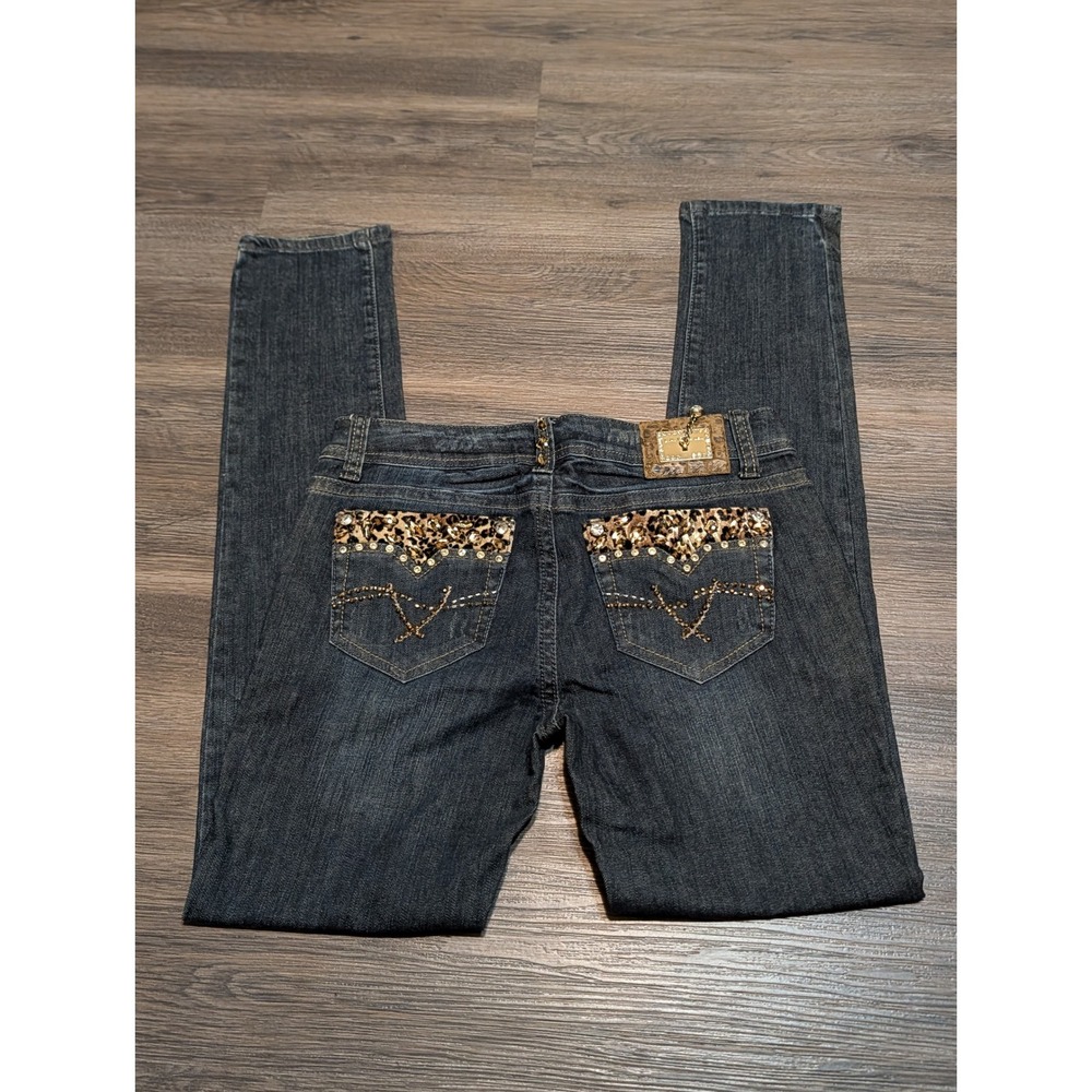 LA Idol USA Skinny Jeans Size 9 Dark Wash Leopard Print Rhinestone Embellished